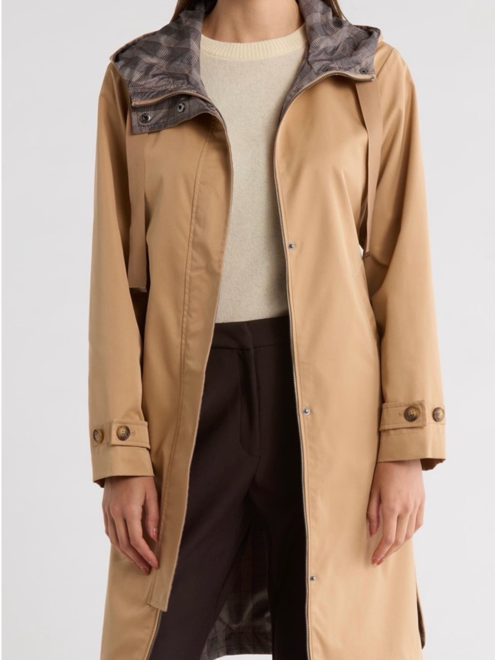 Bernardo Camel Trench Coat with Plaid Hood Lining